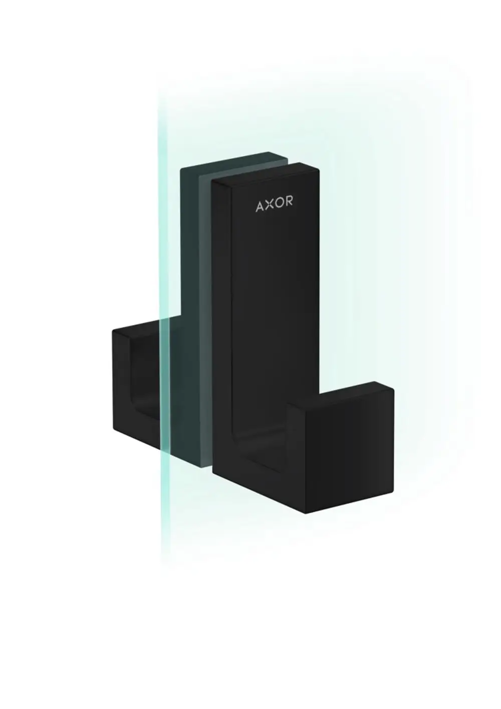 Schwarzer Rechteck-Duschtürgriff von AXOR, montiert an einer Glasoberfläche, mit klaren Kanten und einem minimalistischen Design.